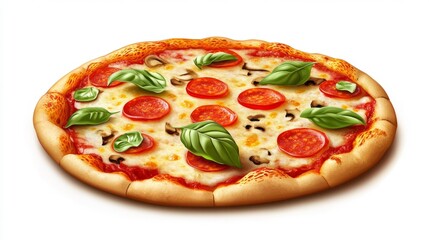 Whole pepperoni pizza with basil leaves on a white background perfect for food or restaurant-related projects. Realistic pizza illustration isolated for creative use.. Generative AI