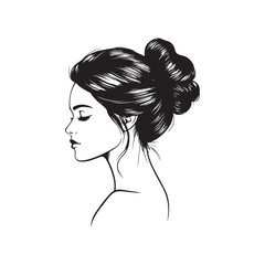 Women messy bun hairstyles, vector line art illustration