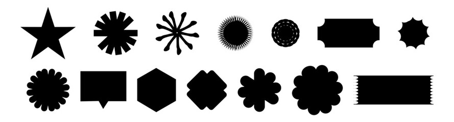 Starburst badge or promotional label set. Retro black wavy edge circle stickers, price promo tags, discount or special offer design emblems. Empty vintage sale star burst callouts or sunburst symbols.