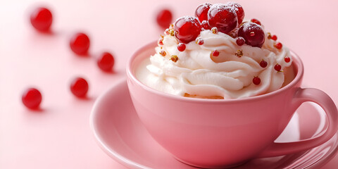 Creamy Yogurt with Cherries in Pink Cup