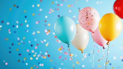 Colorful inflatable balloons with metallic confetti on a blue background. Background for a greeting card in flat-light style, birthday or party