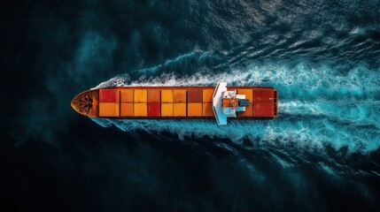 Areal view to the cargo ship with containers swimming on the ocean