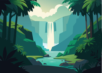 lush rainforest with waterfall vector simple 3d isolated illustration 