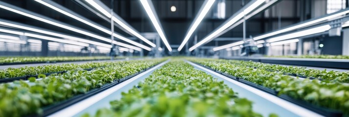 High-Tech Farm with Sprinklers Watering Microgreens in Modern Rectangular Planters and Blue Water-Filled Tubes