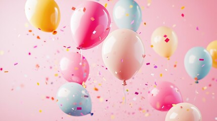Colorful inflatable balloons with metallic confetti on a pink background. Background for a greeting card in flat-light style, birthday or party