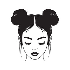 Messy hair bun, vector woman silhouette. Beautiful girl drawing illustration