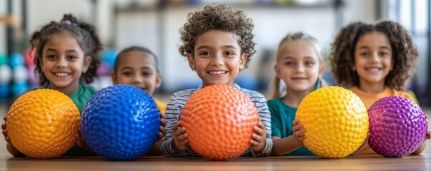 Front view of happy multicultural children holding balls in gym, panoramic shot, Generative AI