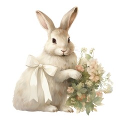 Obraz premium Cute rabbit holding flower bouquet
