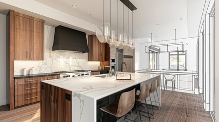Modern kitchen design blending photorealistic 3D rendering with technical blueprint