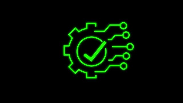 Technology development, cogwheel and check mark, innovation concept, system integration, software business, technical support, smart solution. linear icon isolated on black background.