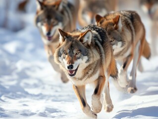 Naklejka premium Gray wolf with white chest runs towards right side of frame in snowy landscape. Wolf mouth is open, tongue sticking out, as it sprints through winter scenery.