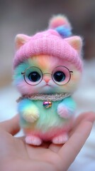 Fototapeta premium A vibrant plush toy cat wearing glasses and a knitted pink hat in a person's hand.