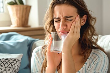 Woman suffers from toothache, holding glass of cold water. Seated on couch with plant in the background. White curtains and tissue in hand indicate home setting.