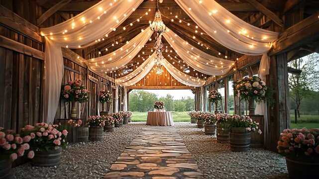 A beautifully decorated barn venue with lights and flowers, perfect for a wedding celebration footage
