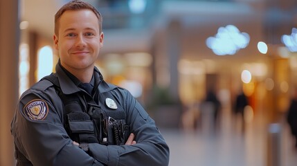 Naklejka premium Smiling security officer standing confidently in a modern shopping mall during the day