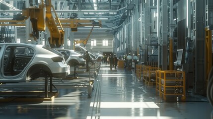 Car Assembly Line in a Modern Factory with Workers and Robotic Arms