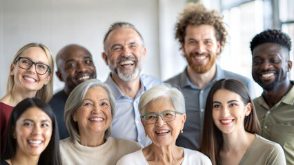 Obraz premium A diverse group of people smiling and looking up, showcasing various ages and ethnicities in a close-up view.