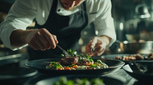 Chef Preparing Gourmet Dish in Kitchen