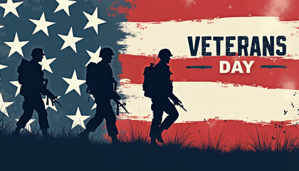 A patriotic image with a stylized American flag background featuring three soldiers walking in silhouette. The background is a distressed, grunge style with brushstrokes. The text "Veterans Day"