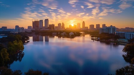 Panoramic view of Tampa city with modern, old buildings. Sun sets over city, casting warm glow over landscape. Tampa International Airport, waterfront visible in background. Water reflects sky,