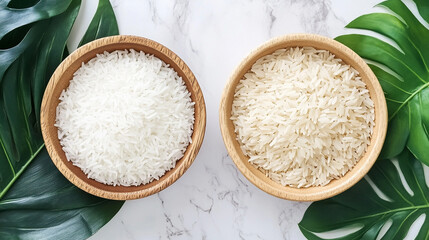 bowl with white and brown rice symbolizes health and balance. White rice represents simplicity and tradition, while brown rice signifies wholesomeness and a mindful, nutritious lifestyle