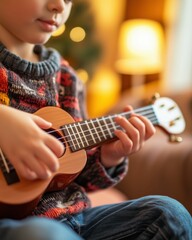 Fototapeta premium Young Person Playing Ukulele at Home