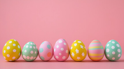 A cheerful array of colorful Easter eggs with various patterns, carefully arranged on a soft pink pastel background, symbolizing joy and celebration of springtime.