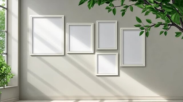 Five empty picture frames hang on a gray wall in a room with a window and a plant
