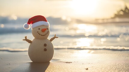 A Smiling Snowman Wearing a Santa Hat on a Sandy Beach