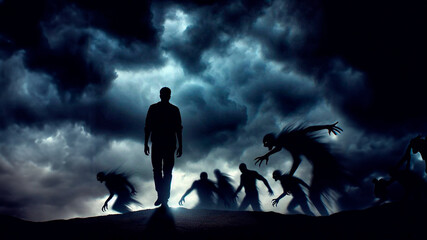 Fototapeta premium A dark silhouette of a man against a stormy sky, a figure, shadows of pursuing creatures, a struggle for self-resurrection, cynical expressions, a feeling of capture and despair