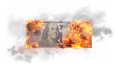 Burning US dollar bill representing financial crisis and loss