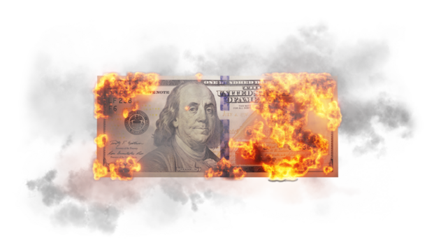 Burning US dollar bill representing financial crisis and loss - Powered by Adobe