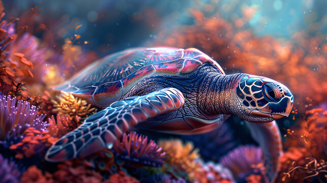 An exotic sea turtle with a detailed shell pattern, swimming in a tropical underwater environment filled with vibrant coral and aquatic plants