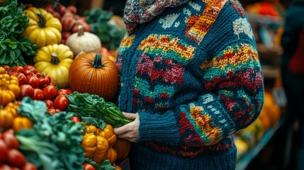 Fototapeta premium Una persona con un suéter colorido sostiene una calabaza y verduras en un mercado, rodeada de productos de temporada y colores cálidos de otoño.