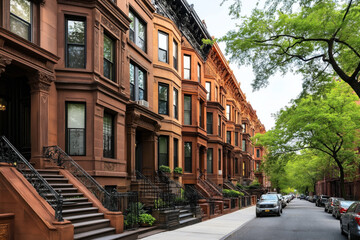Naklejka premium A row of classic brownstone townhouses with distinctive architectural features, iron railings, and front stoops line a tree-shaded residential street with parked cars.