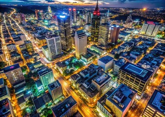 Obraz premium Aerial Night Cityscape Photography - Illuminated Streets and Buildings in Urban Landscape