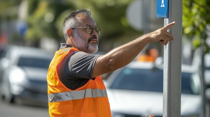 parking attendant directing cars with a safety uniform, urban traffic control in a busy shopping mall area, management, copy space