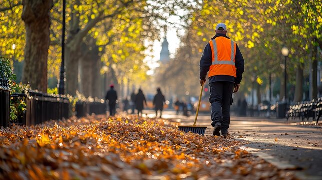 Un trabajador con un chaleco naranja recoge hojas en una alameda del parque durante el oto&ntilde;o. El ambiente sereno refleja la preparaci&oacute;n para el invierno en medio de la naturaleza.

