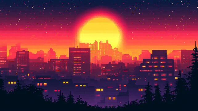 Una ciudad iluminada por el atardecer en estilo pixel art, con un sol brillante y tonos c&aacute;lidos en el cielo. Las luces de los edificios crean un ambiente vibrante y moderno.

