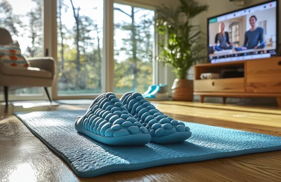 Relaxed home yoga session with laptop, cozy atmosphere, and virtual class setting for health and fitness enthusiasts during remote learning or working from home