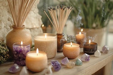 An inviting space showcasing an array of soothing candles in various sizes, surrounded by delicate herbal incense sticks releasing fragrant plumes of smoke. Natural crystals, each with unique colors