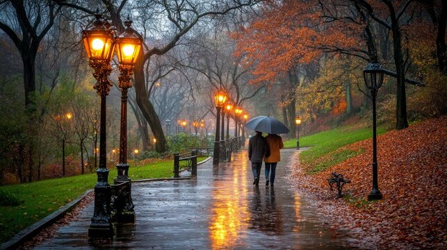 Una pareja pasea bajo la lluvia en un parque oto&ntilde;al rodeado de &aacute;rboles y faroles encendidos. Las hojas ca&iacute;das y el pavimento mojado reflejan la luz, creando un ambiente melanc&oacute;lico y rom&aacute;ntico.

