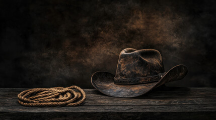 A close-up view of a cowboy hat and rope on a dark wooden table, embodying the rugged essence of Western culture with a focus on texture and history.