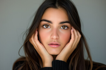 Naklejka premium Woman with brown hair and brown eyes is looking at the camera. She is wearing a black sweater and has her hands on her face. The image has a calm and introspective mood