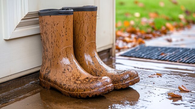 Un par de botas de lluvia marrones, cubiertas de barro, est&aacute;n colocadas junto a la puerta de entrada en un d&iacute;a lluvioso. Hojas oto&ntilde;ales y charcos de agua rodean la entrada, sugiriendo un clima h&uacute;medo 