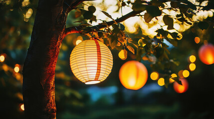 Obraz premium The image displays a serene evening scene with softly glowing paper lanterns hanging from a tree branch, creating a warm and magical ambiance in the dim light.