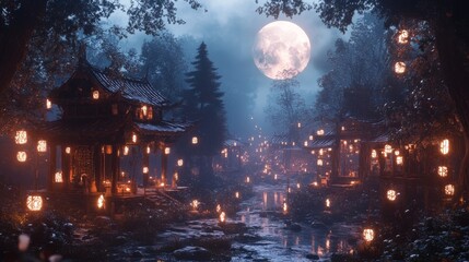 Fototapeta premium A mystical forest market under the moonlight, where ethereal creatures trade magical artifacts, their stalls surrounded by floating lanterns and ancient runes