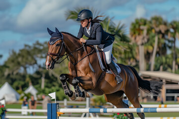 Woman is riding a horse and jumping over a fence. The horse is brown and the woman is wearing a black jacket