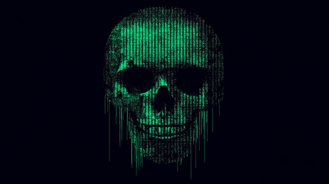 A digital skull comprised of green binary code against a dark backdrop, showcasing the fusion of technology and death
