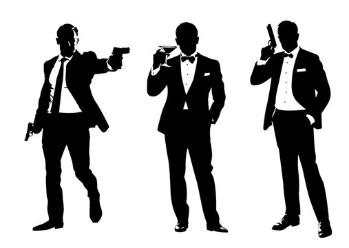 Silhouettes of elegant men in suits and with a bow tie with a gun in their hand on a white background. Bond themed illustration of a shooting man